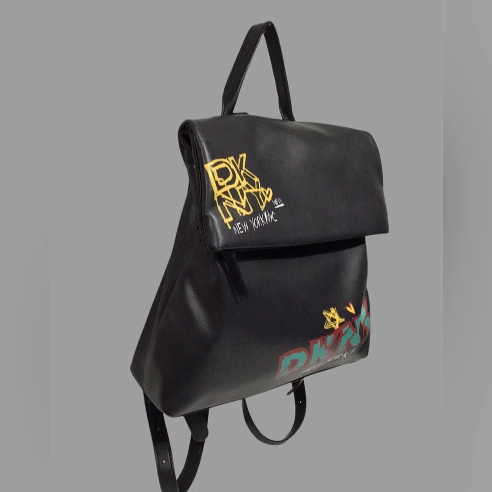 DKNY Tilly Graffiti Fold-Over Backpack, Faux Leather, Graffiti Logo Print, Black - Picture 2 of 12